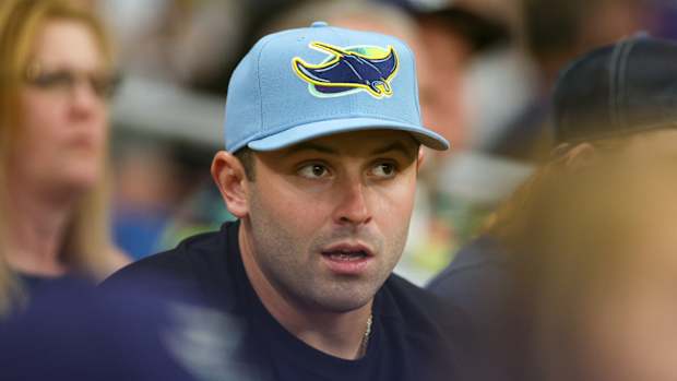 Jun 9, 2023; St. Petersburg, Florida, USA; Tampa Bay Buccaneers quarterback Baker Mayfield (6) attends an MLB game betewwnt the Texas Rangers and Tampa Bay Rays at Tropicana Field.